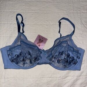 Savage X Fenty Blue Lacy Bra with Floral Embroidery